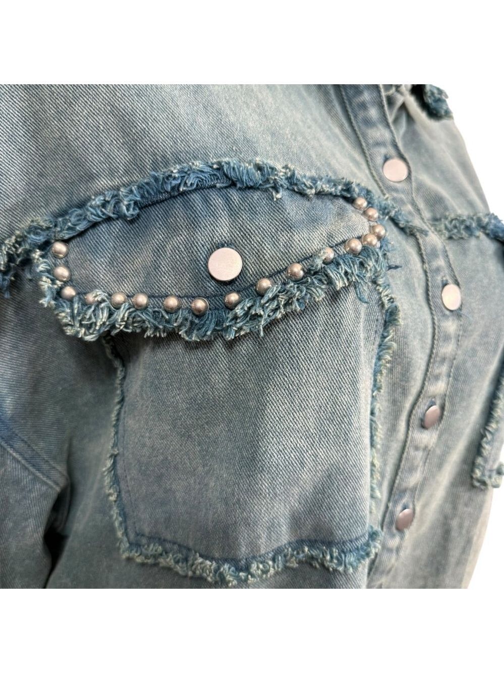 POL Frayed Denim Shacket Jacket Size L Blue Snap Front Distressed Western Style - Picture 4 of 10